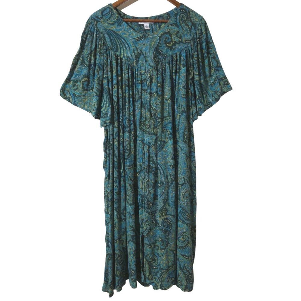Go Softly 1X Patio Dress Kaftan Green Floral Print Crinkle Fabric Paisley Womens